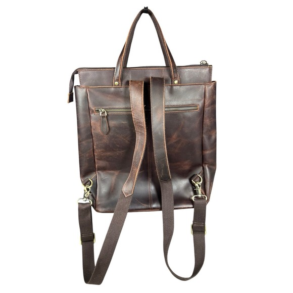 S-Zone Genuine Leather Backpack Tote Bag Brown Yellow Laptop Satchel Travel Work - Picture 6 of 16